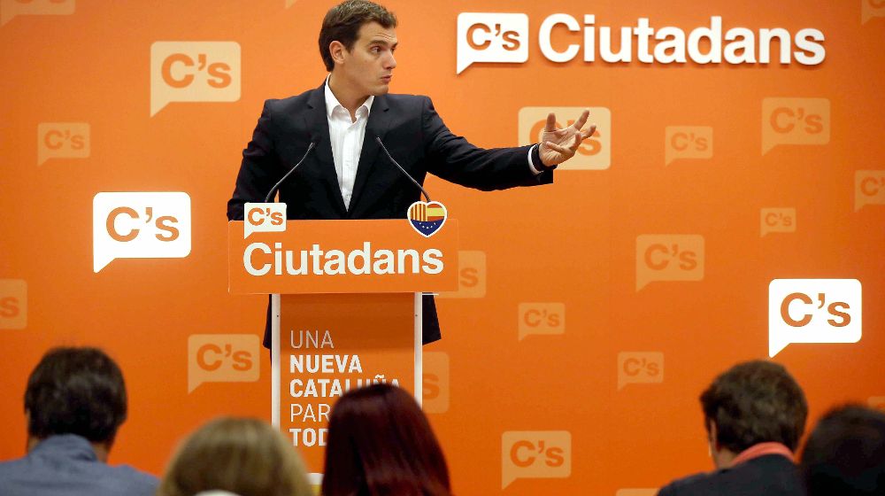 El líder de Ciudadanos, Albert Rivera, durante una rueda de prensa celebrada el martes en la sede de Ciudadanos en Barcelona.