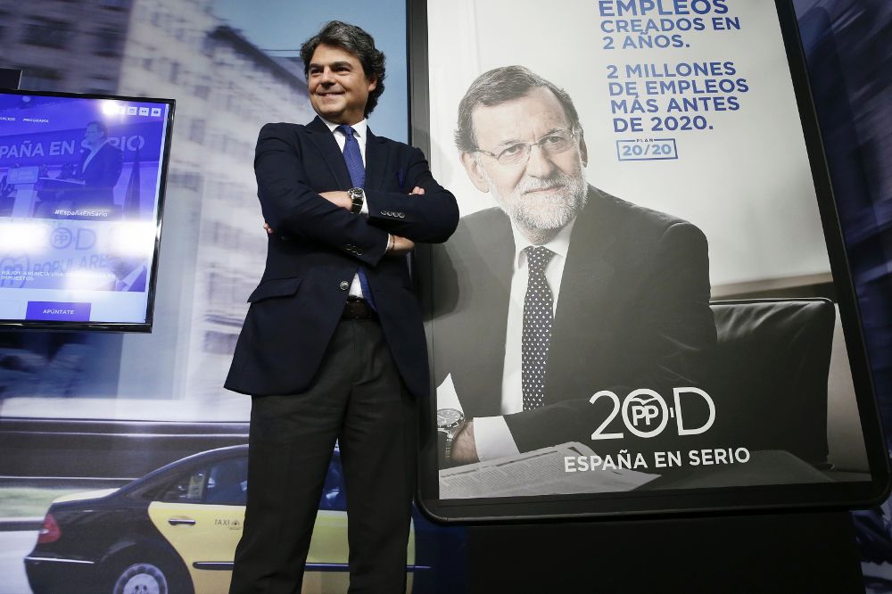 El director de Campaña del PP, Jorge Moragas, durante la presentación esta mañana en Madrid de la campaña electoral del Partido Popular.