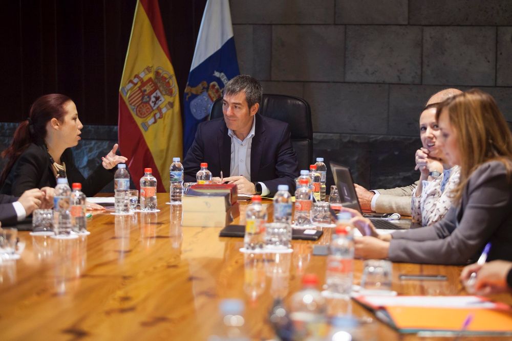 El presidente del Gobierno de Canarias, Fernando Clavijo (c), conversa con la vicepresidenta, Patricia Hernández (i), durante la reunión del Consejo de Gobierno del Ejecutivo canario celebrado hoy en Santa Cruz de Tenerife.