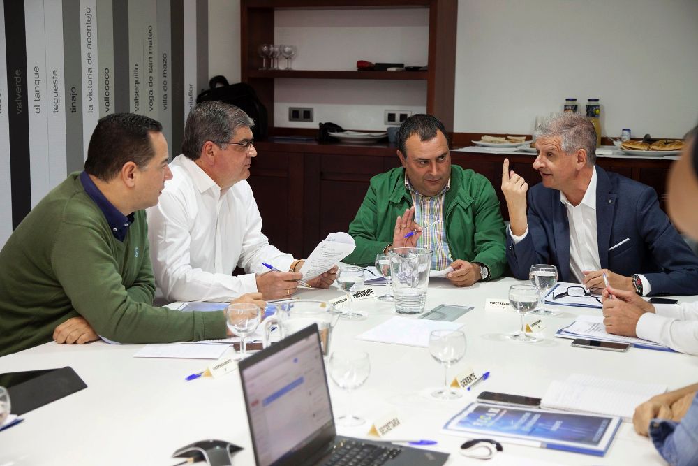 El presidente de la Federación Canaria de Municipios (FECAM), Manuel Ramón Plasencia (2d), junto al alcalde de La Orotava (Tenerife), Francisco Linares (d), durante la reunión del Comité Ejecutivo de la FECAM.