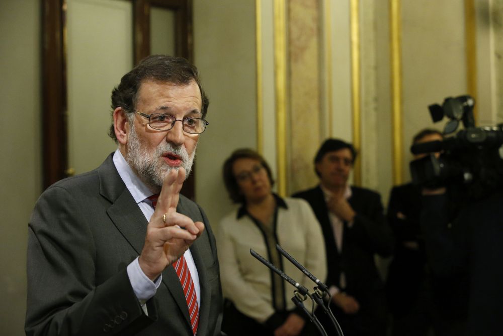 El presidente del Gobierno en funciones, Mariano Rajoy, durante su comparecencia tras la runión que ha mantenido esta tarde con Pedro Sánchez.