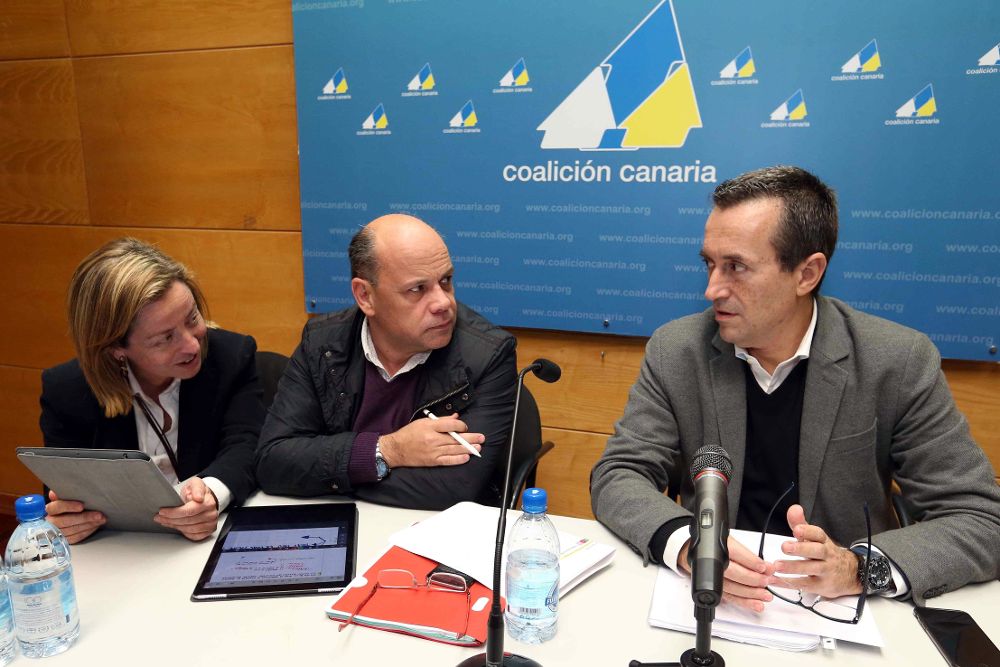 Los dirigentes de Coalición Canaria Ana Oramas, José Miguel Barragán (c) y José Miguel Ruano momentos antes de la reunión de su Consejo Político Nacional.