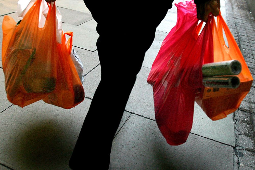 Una mujer lleva la compra en bolsas plásticas.