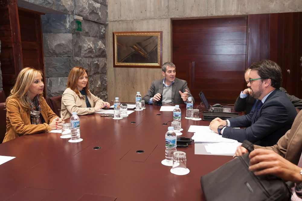 El presidente del Gobierno de Canarias, Fernando Clavijo (3i), durante la reunión que ha mantenido hoy con los diputados del PP en el Parlamento autonómico.
