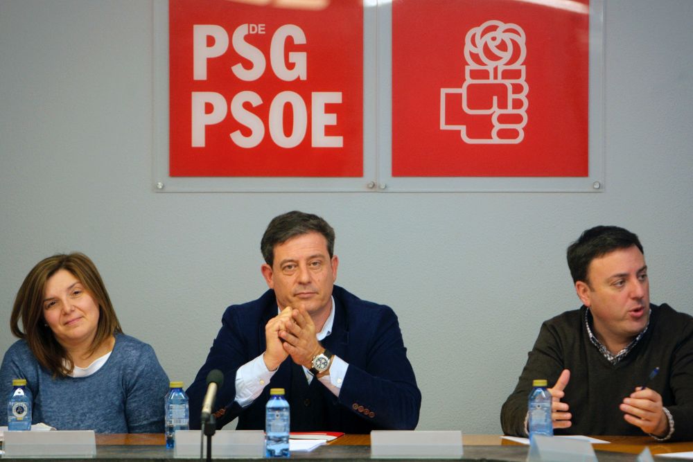 El secretario general de los socialistas de Galicia, José Ramón Gómez Besteiro (c), la secretaria de Organización, Pilar Cancela, y el presidente de la Diputación de A Coruña, Valentín Fernández, durante la reunión de la ejecutiva del PSG.