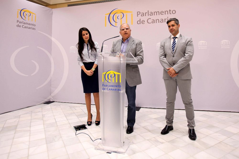 El portavoz del Grupo Mixto Casimiro Curbelo (c), atiende a los medios en el Parlamento de Canarias, durante el debate sobre del estado de la nacionalidad.