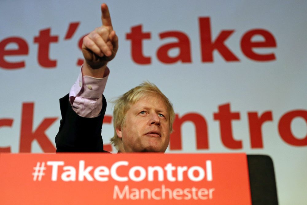 El alcalde de Londres, Boris Johnson, durante la campaña a favor de la salida del Reino Unido de la Unión Europea "Vota salida".