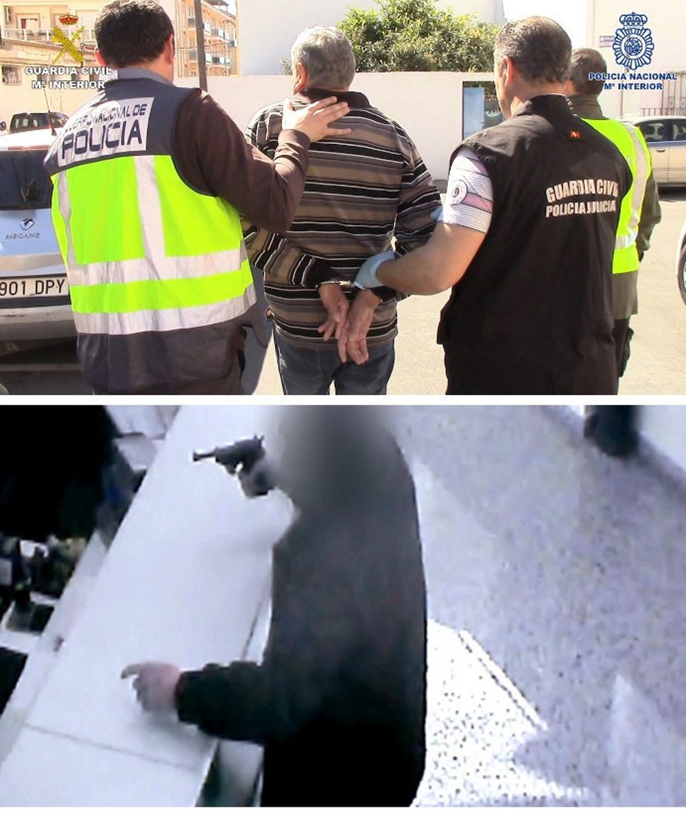 Combo de fotografías facilitadas por la Policía Nacional que en una operación conjunta con la Guardia Civil han detenido a dos hombres de 56 y 71 años por atracar a punta de pistola tres sucursales bancarias de Cuenca, Toledo y Móstoles (Madrid).