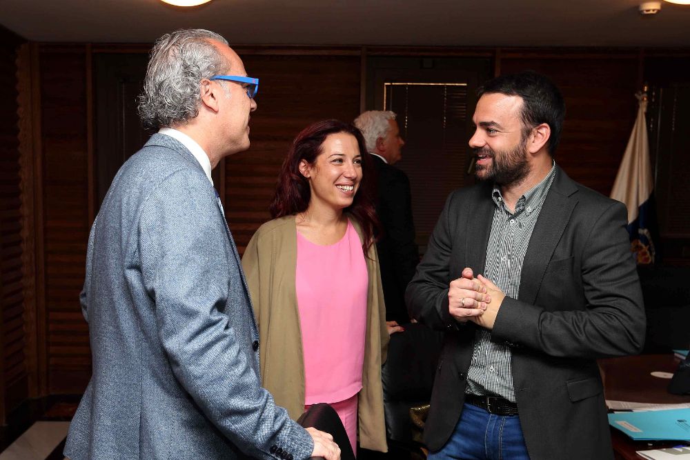 La vicepresidenta del Gobierno de Canarias, Patricia Hernández, y los consejeros de Sanidad, Jesús Morera (i), y de Presidencia, Aarón Afonso (d), conversan.