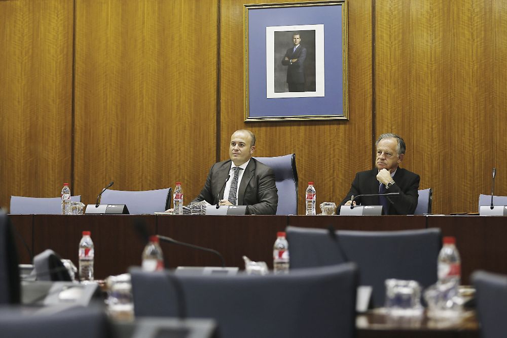 El presidente de la comisión que investiga en el Parlamento las subvenciones de los cursos de formación, Julio Díaz (i), sentado junto la silla vacía reservada para Fátima Báñez.