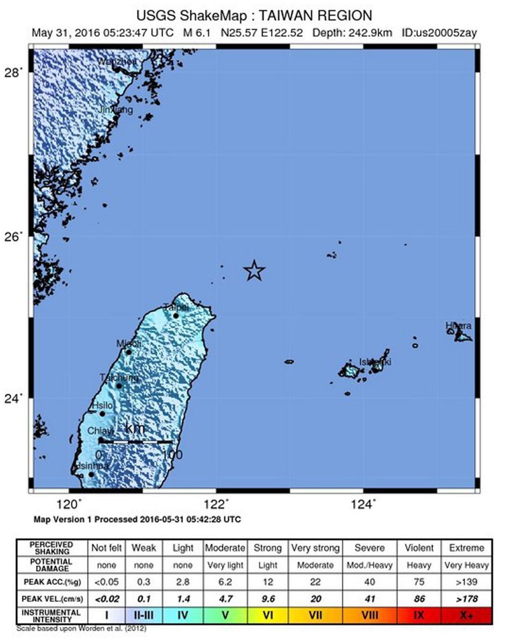 Imagen facilitada por el Servicio Geológico estadounidense (USGS) que muestra el terremoto de 7,2 grados de magnnitud en la escala abierta de Richter que sacudió hoy el norte de Taiwán hoy, 31 de mayo de 2016. 