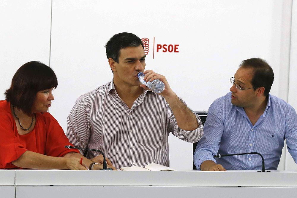 El secretario general del PSOE, Pedro Sánchez (c), el secretario de Organización y Acción Electoral, César Luena, y la presidenta de la formación, Micaela Navarro, durante una reunión de la Comisión Ejecutiva Federal.