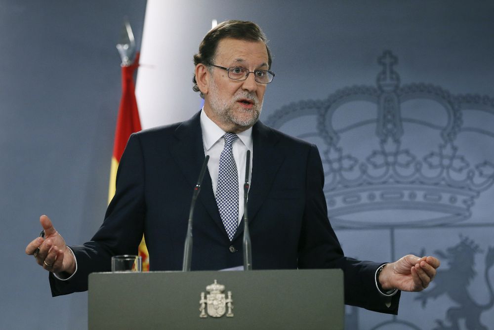 Mariano Rajoy, durante la rueda de prensa que ha ofrecido esta tarde en el Palacio de la Moncloa.
