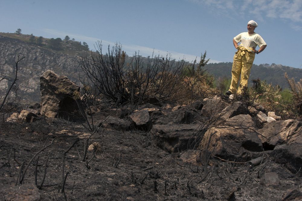 Una brigadista observa una zona quemada por el incendio forestal de Melón (Ourense), que se encuentra estabilizado y evoluciona dentro de unas líneas de control establecidas. Este fuego ha afectado a 106,58 hectáreas, de ellas 84,93 de monte raso y el 21,65 hectáreas de arbolado.