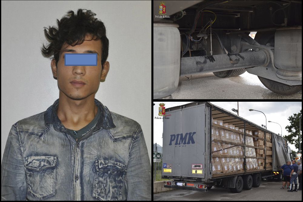 Fotografías facilitadas por la Policía italiana del joven y del camión y el habitáculo donde viajaba.