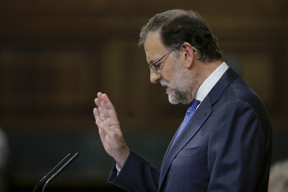 El presidente del Gobierno en funciones, Mariano Rajoy, durante su discurso de investidura esta tarde en el Congreso de los Diputados.