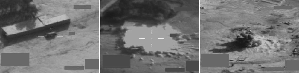 Combo de fotogragramas sacados de un vídeo cedido por el ministerio de Defensa británico que muestra el bombardeo con bombas de alta precisión Paveway en Mosul.