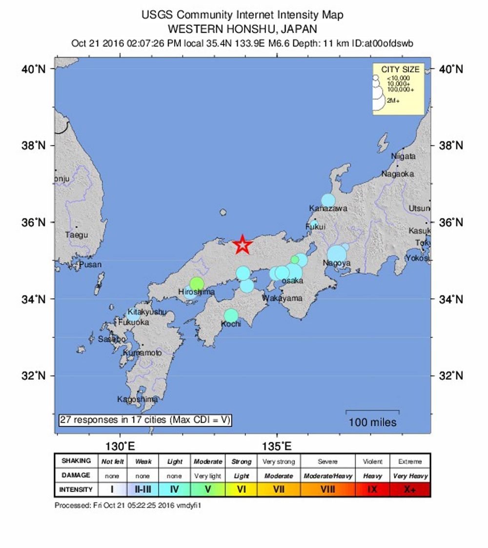 Mapa facilitado por el Servicio Geológico de Estados Unidos (USGS) de la localización de un fuerte terremoto de 6,6 grados de magnitud en la escala abierta de Ritcher que sacudió hoy, 21 de octubre de 2016, la prefectura nipona de Tottori.