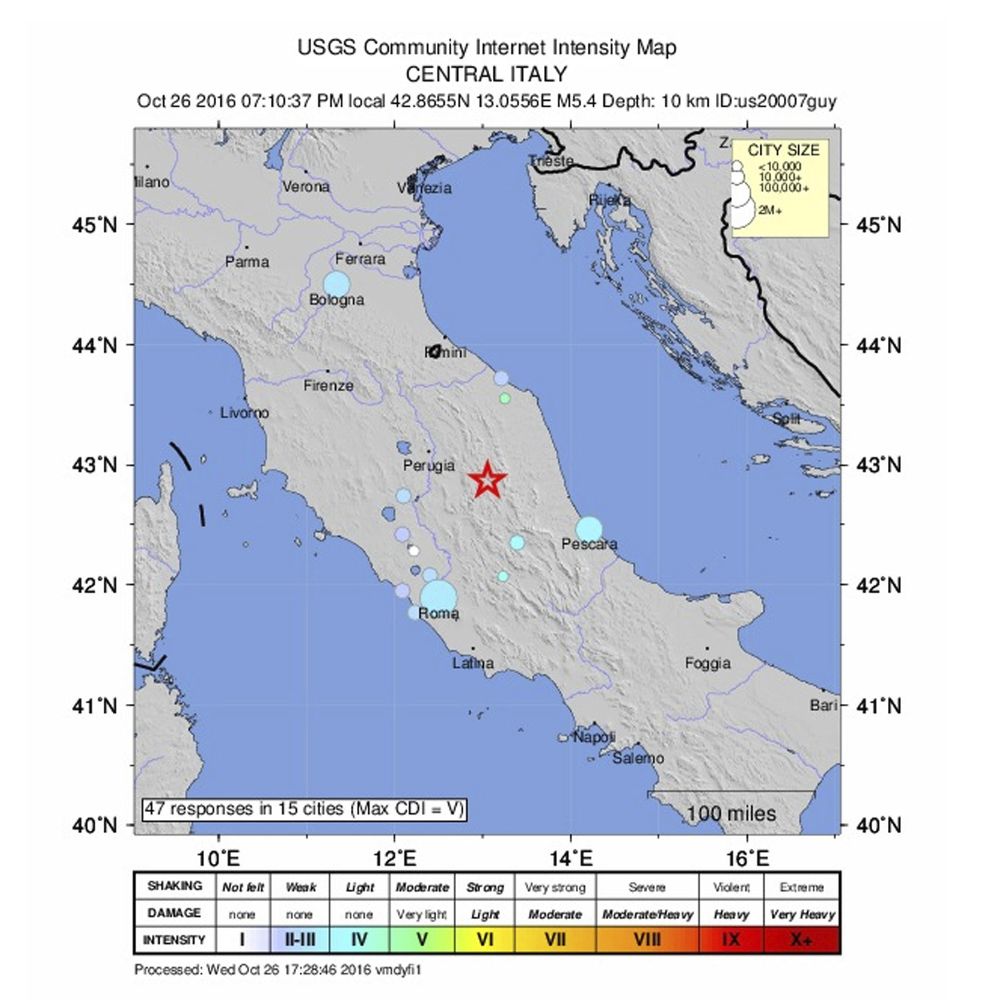 Lugar donde se produjo un terremoto superior a los 5 grados en la escala Ritcher en Perugia, Italia.