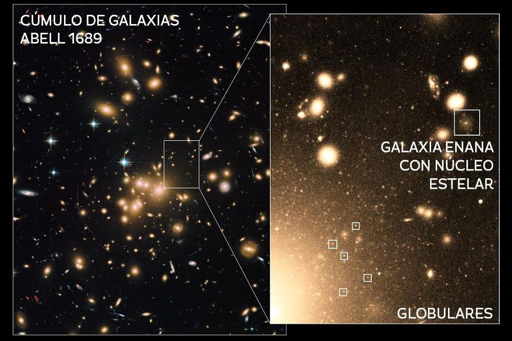 Los protagonistas de esta historia. Los cúmulos, como Abell 1689 a la izquierda, son gigantescas agrupaciones de galaxias, plasma y materia oscura que sirven de auténticos laboratorios cósmicos para el estudio de la formación y evolución de galaxias. El recuadro amplificado a la derecha muestra la riqueza de estructuras, con galaxias de todas las formas y tamaños, y agrupaciones estelares muy compactas como los núcleos y los globulares. Imagen original: NASA, ESA, J. Blakeslee (Instituto de Astrofísica Herzberg, Dominion Astrophysical Observatory, Canadá), y K. Alamo-Martinez (Universidad Nacional Autónoma de México). Montaje: Rubén Sánchez Janssen. 