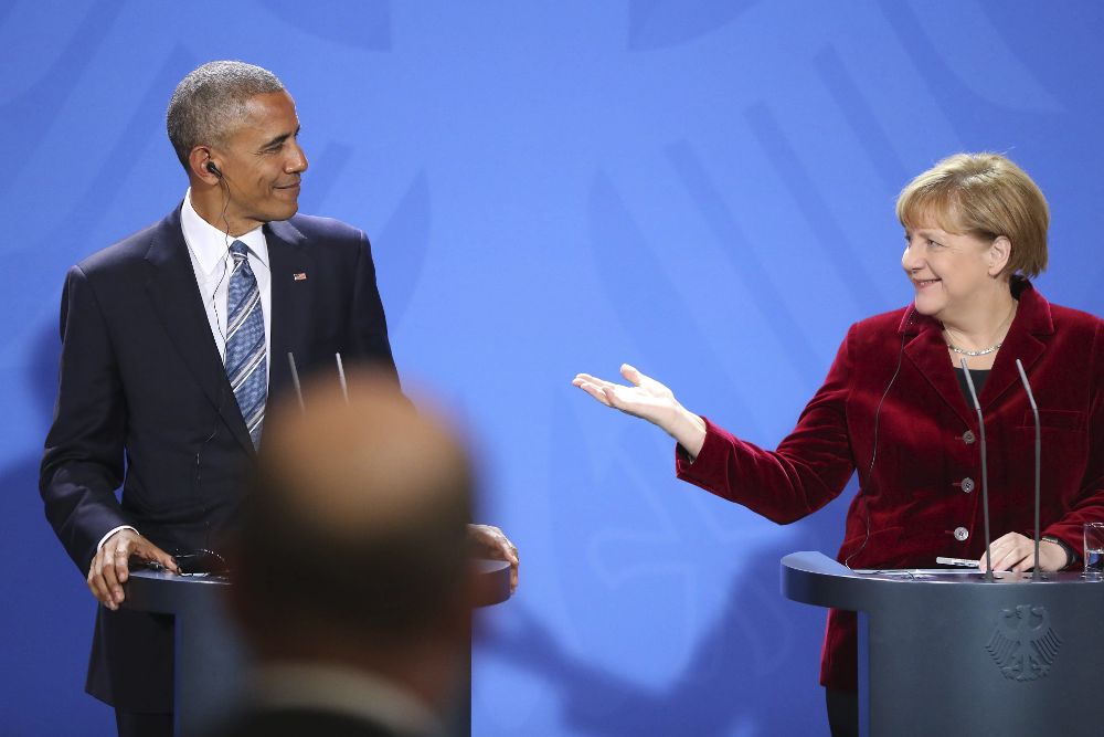 La canciller alemana, Angela Merkel, y el presidente de los Estados Unidos, Barack Obama, durante una rueda de prensa en la Cancillería de Berlín, Alemania, hoy.