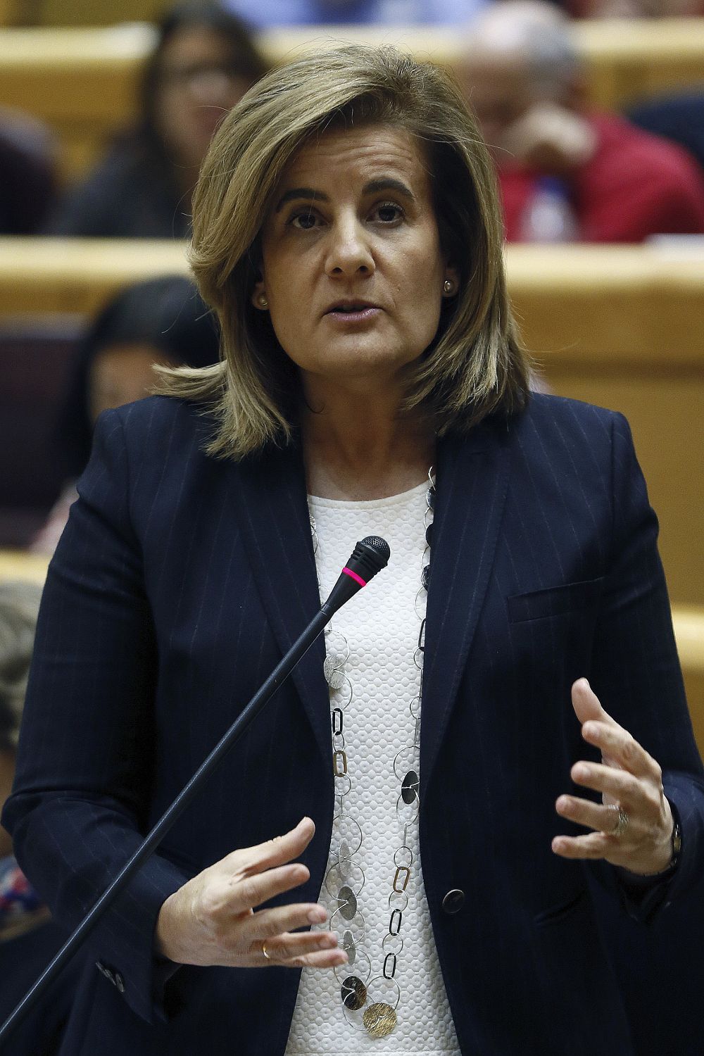La ministra de Empleo y Seguridad Social, Fátima Báñez, durante su intervención en la primera sesión de control al Gobierno de esta legislatura, hoy en el pleno del Senado.