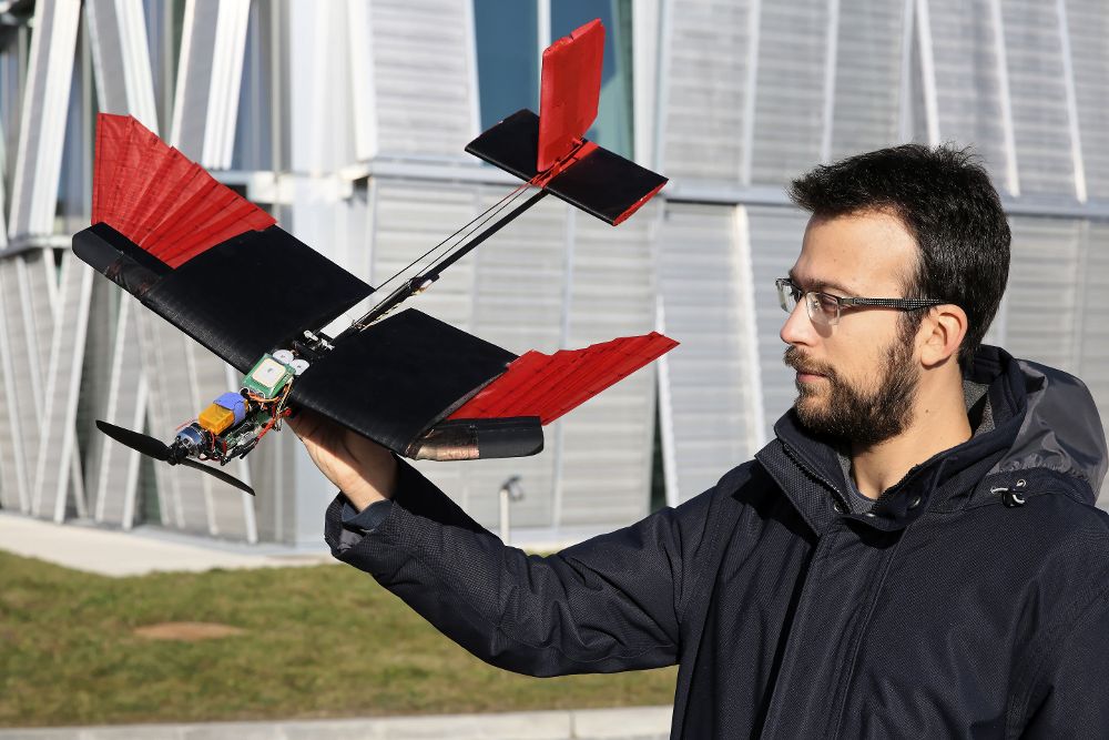 Fotografía facilitada po la Escuela Politécnica Federal de Lausana (Suiza) donde un grupo de investigadores ha fabricado un dron con plumas artificiales.