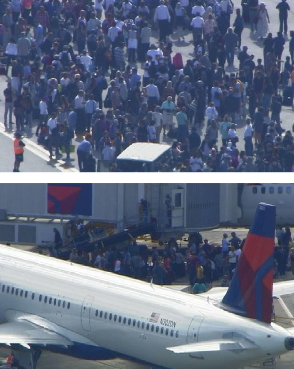 Captura de un vídeo del canal 51 de Telemundo donde aparecen cientos de personas en la pista de aterrizaje del aeropuerto.