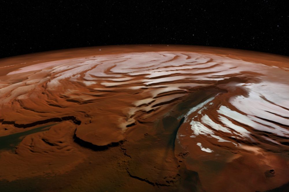 Imagen facilitada por la Agencia Espacial Europea (ESA) del casquete polar norte de Marte, con el cañon conocido como Chasma Boreale.