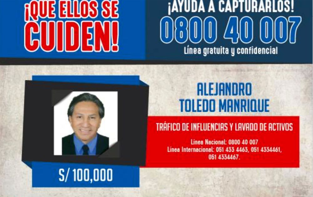 Reproducción del aviso de búsqueda y recompensa que el Ministerio del Interior del Perú puso en su página web en búsqueda del expresidente peruano Alejandro Toledo, hoy viernes 10 de febrero de 2017.