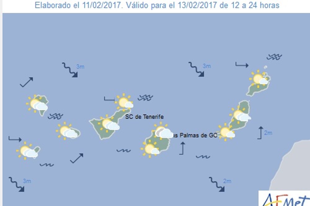 Mapa previsto por la Agencia Estatal de Meteorología para hoy en Canarias de 12 a 24 horas.