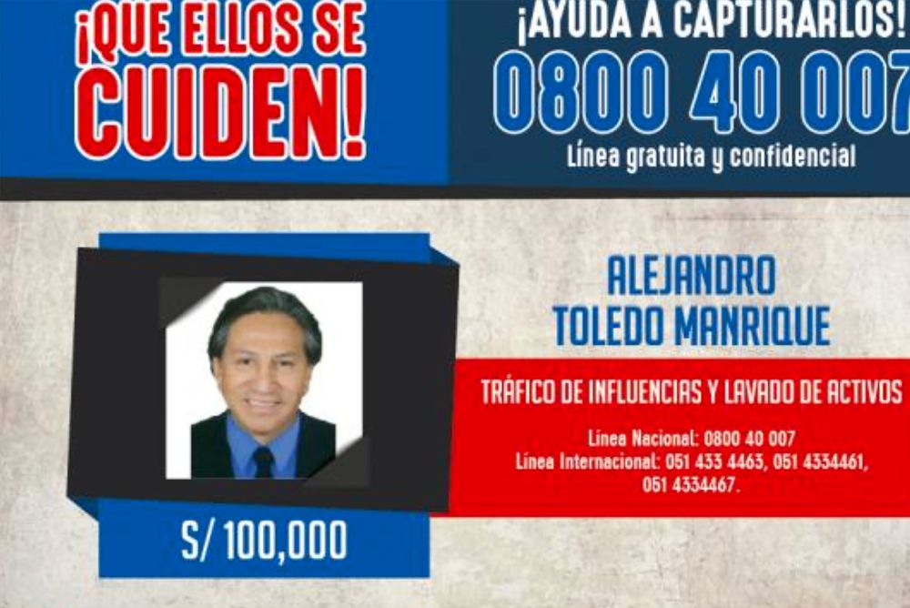 Reproducción del aviso de búsqueda y recompensa que el Ministerio del Interior del Perú puso en su página web en búsqueda del expresidente peruano Alejandro Toledo.