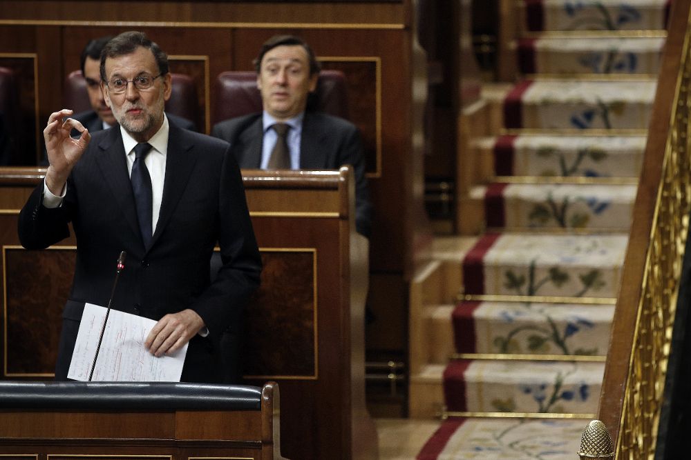 El presidente del Gobierno, Mariano Rajoy, durante su intervención en la sesión de control al Ejecutivo hoy en en Congreso de los Diputados.