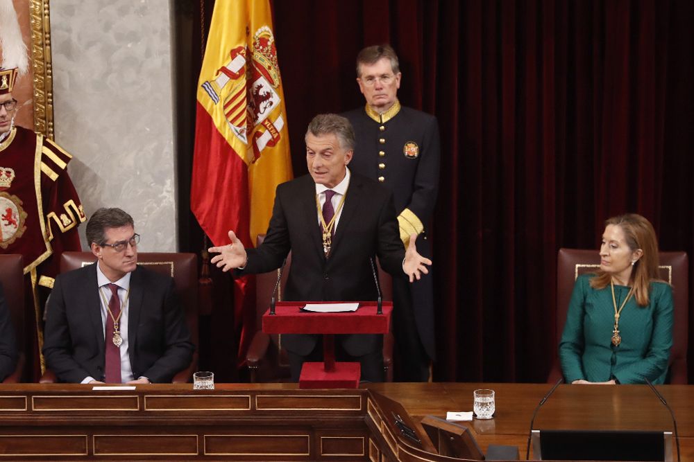 El presidente de Argentina, Mauricio Macri, durante su intervención en el Congreso de los Diputados, con motivo de la visita que ha realizado hoy al Parlamento español.