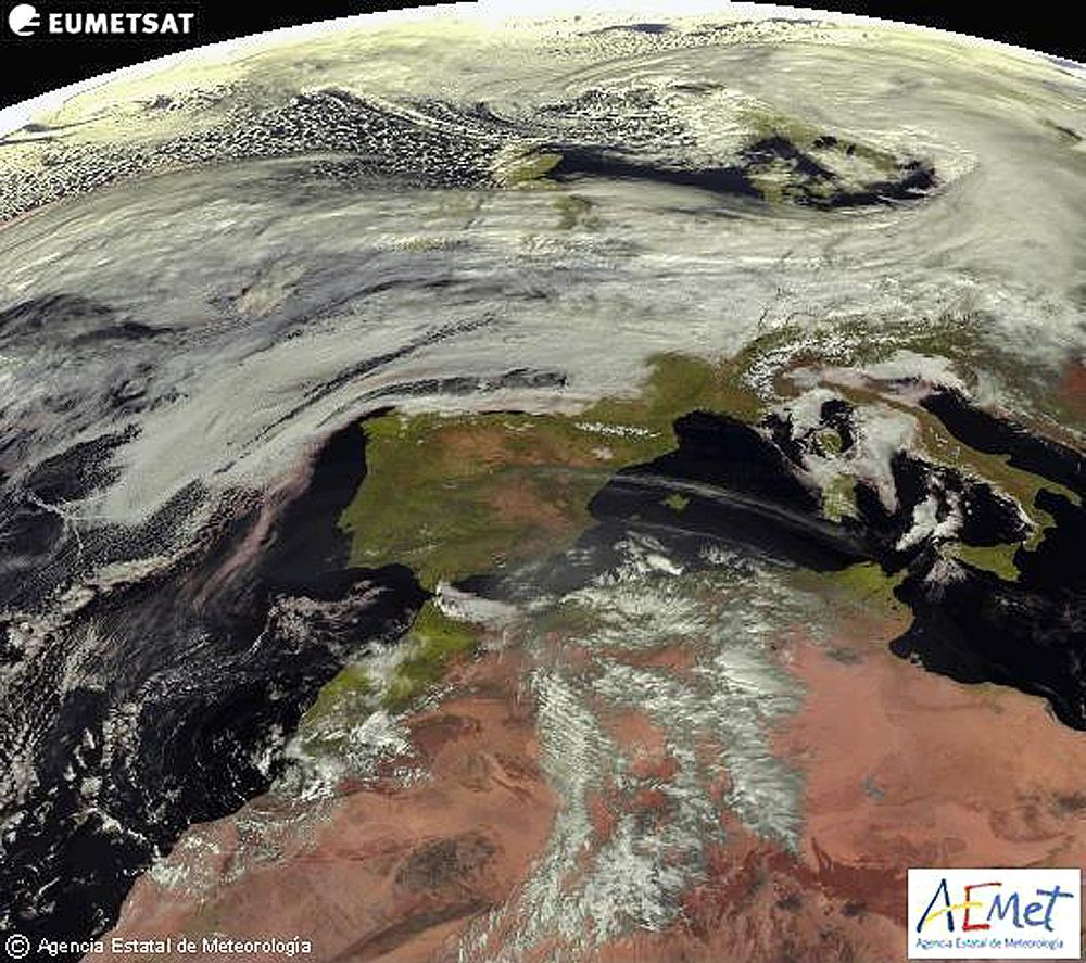 Imagen tomada por el satélite Meteosat para la Agencia Estatal de Meteorología que prevé para mañana, jueves, precipitaciones.
