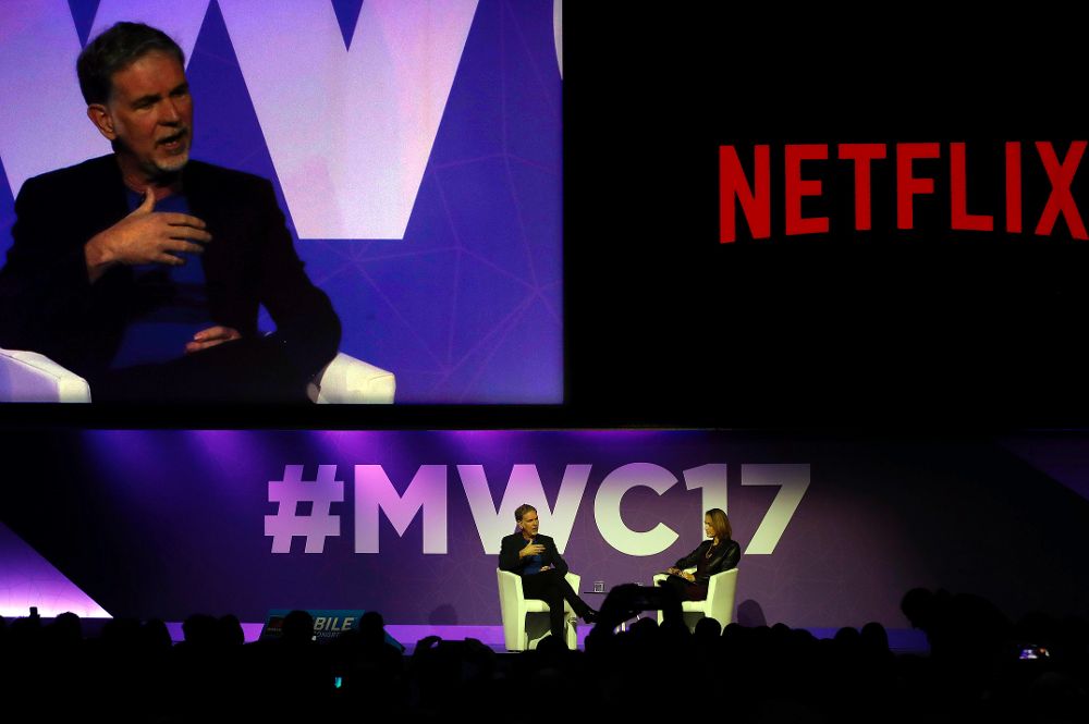 El fundador y consejero delegado de Netflix, Reed Hastings, durante la charla que ha mantenido en el Mobile World Congress (MWC), la mayor feria de telefonía del mundo, que ha comenzado hoy en Barcelona.