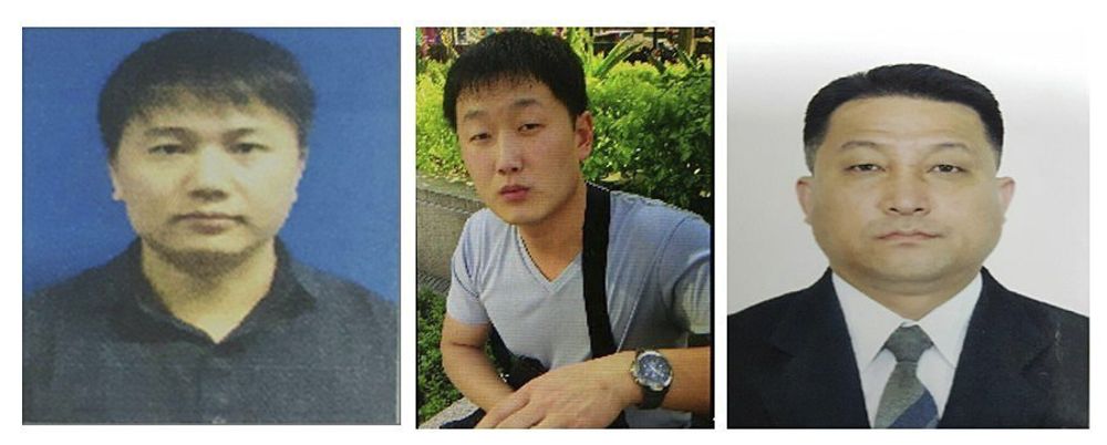 Fotografía cedida por la Policía de Malasia que muestra un combo de imágenes en el que aparecen, el miembro de personal de la embajada de Corea del Norte Hyon Kwong Song (d), el empleado de la aerolínea Air Koryo Kim Uk Il (i), y el ciudadano norcoreano Ri Ji U (c), que han sido identificados en relación al asesinato de Kim Jong Nam