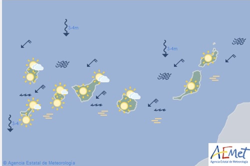 Mapa previsto para hoy para Canarias por la Agencia Estatal de Meteorología, válido entre las 12 y las 24 horas.