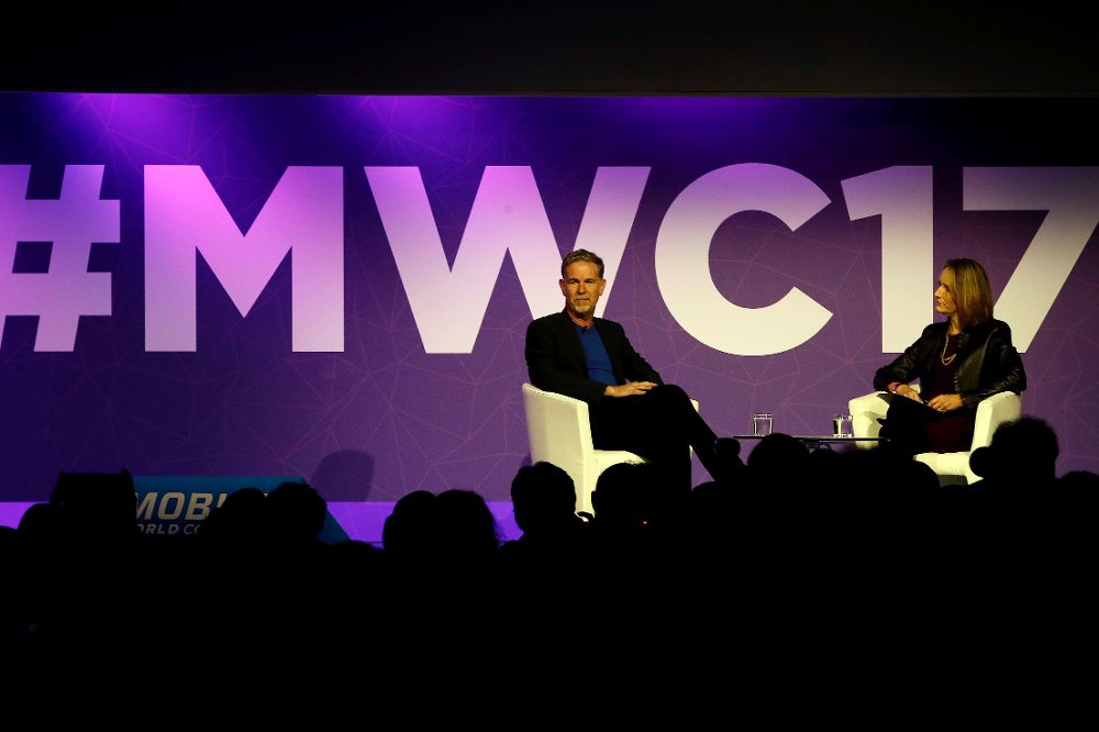 El fundador y consejero delegado de Netflix, Reed Hastings, durante la conferencia que ha ofrecido en el Mobile World Congress (MWC), la mayor feria de telefonía del mundo.