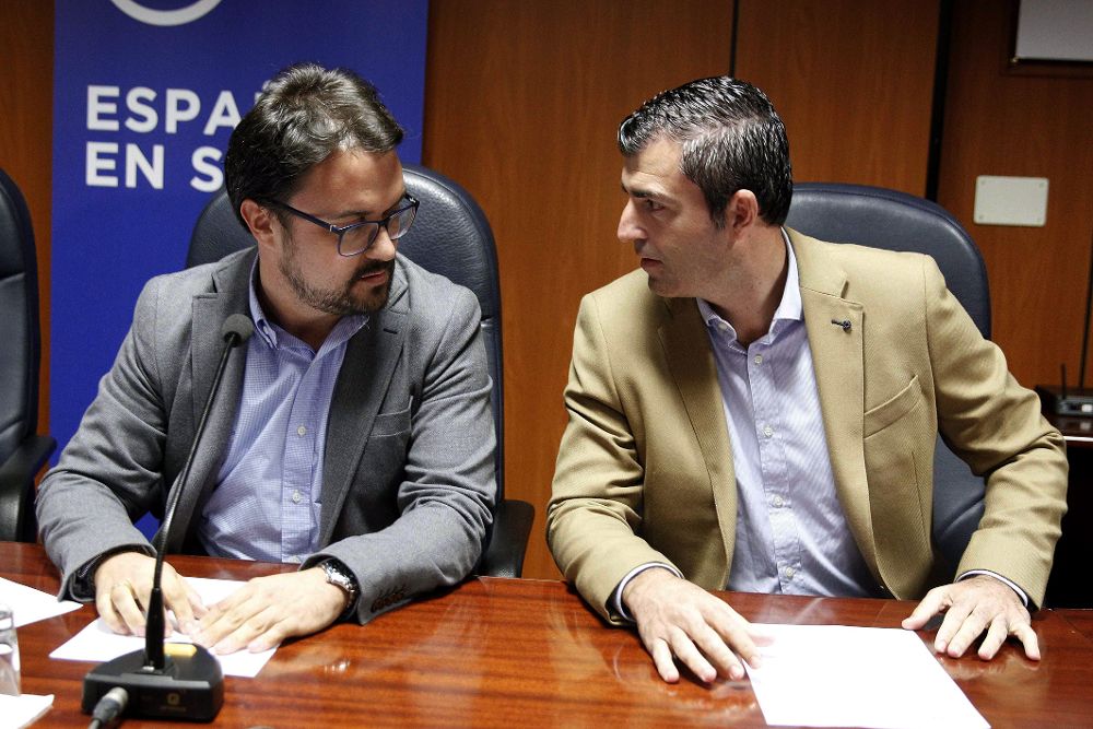 El presidente del PP regional, Asier Antona (i), conversa co el presidente de Tenerife, Manuel Domínguez.