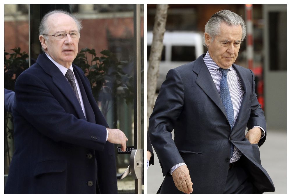 Fotografías de los expresidentes de Caja Madrid, Rodrigo Rato (i) y Miguel Blesa, hoy en la Audiencia Nacional, a donde han acudido a una "vistilla" de medidas cautelares. 