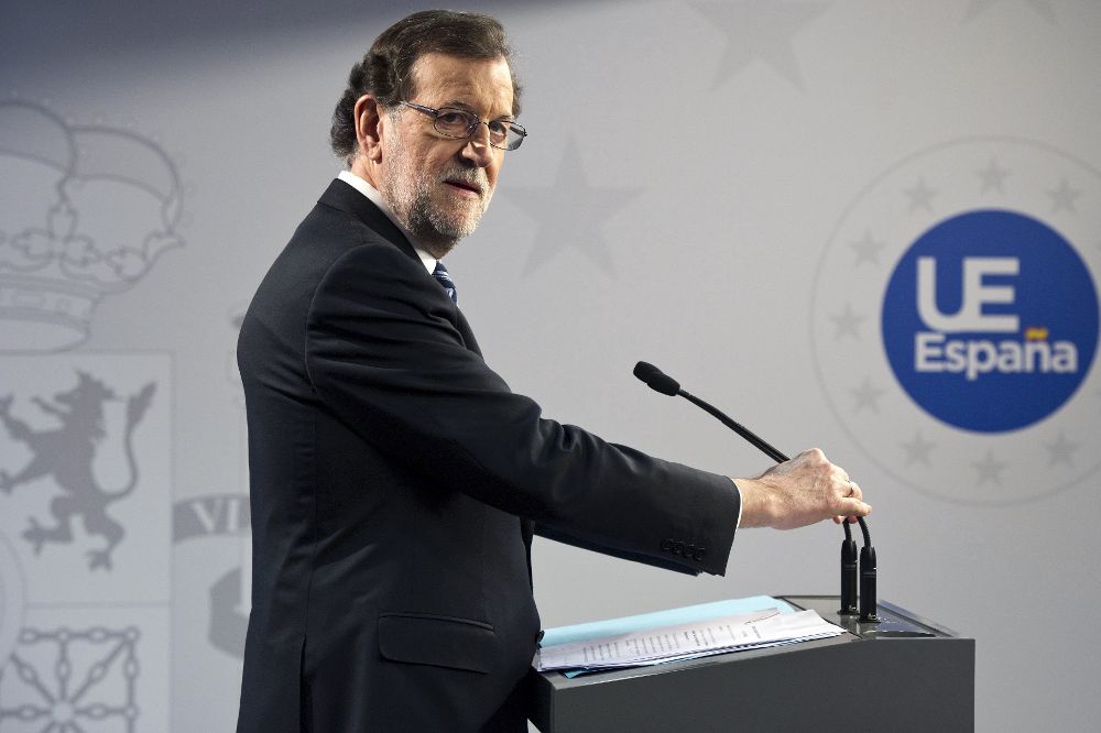 El presidente del Gobierno, Mariano Rajoy, durante la rueda de prensa al término de la reunión de Bruselas de los líderes de la Unión Europea.