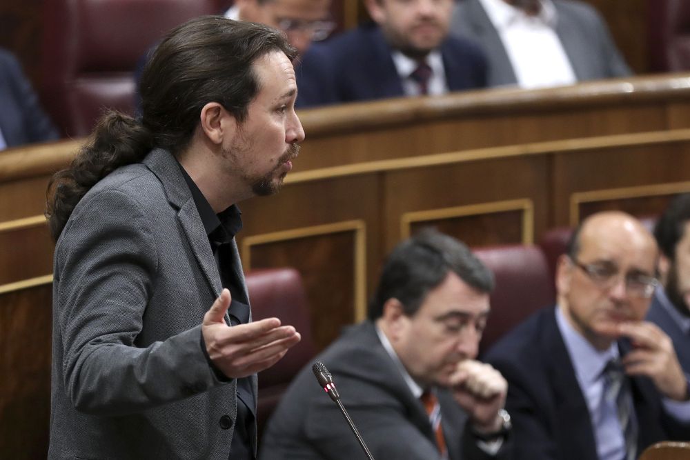 El secretario general de Podemos, Pablo Iglesias, durante su intervención.