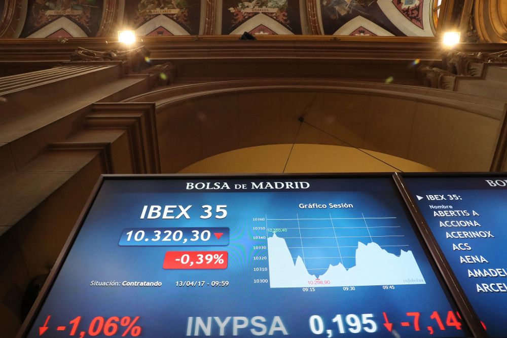 Panel de la Bolsa española donde aparecen las cotizaciones de las empreas del Ibex, las 35 cuyas acciones más dinero negocian.