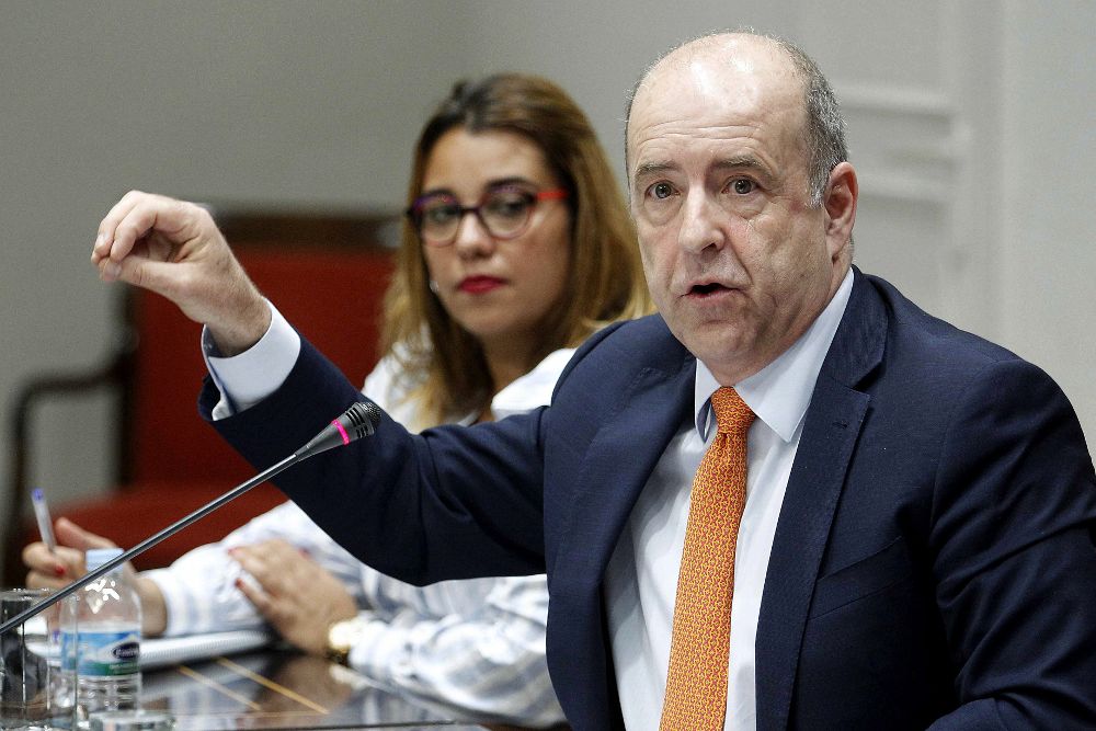 El consejero de Economía del Gobierno de Canarias, Pedro Ortega, durante su comparecencia hoy en comisión parlamentaria.