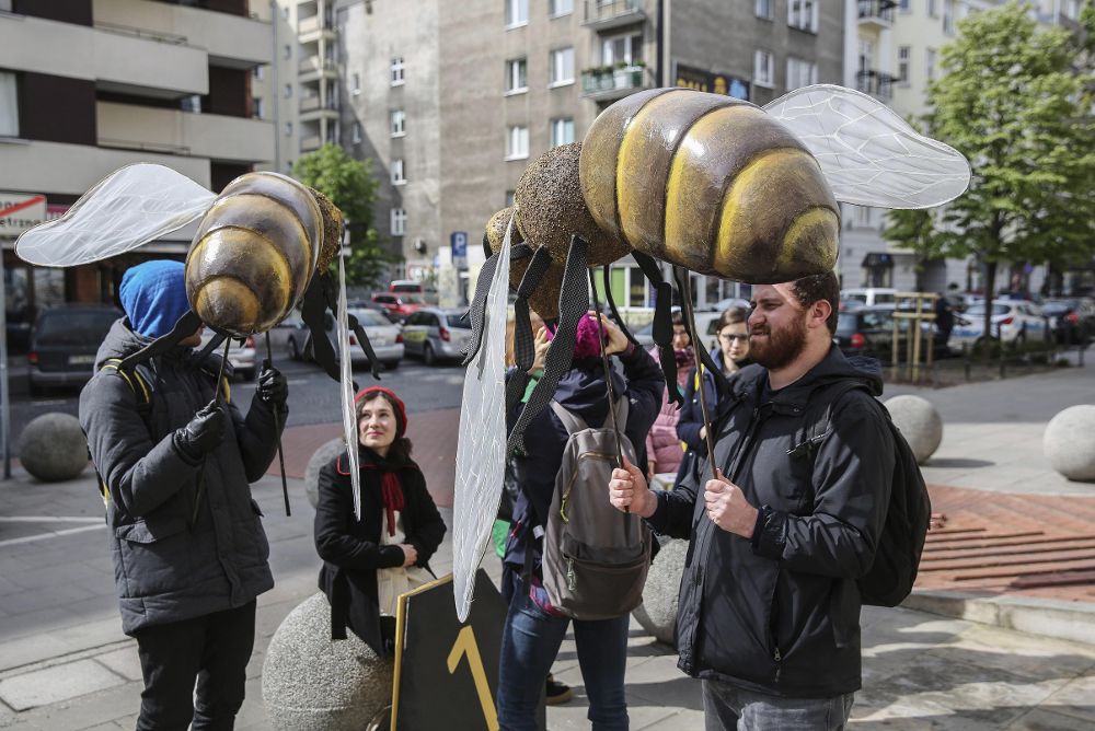 Activistas de Greenpeace sujetan marionetas con forma de abeja durante una manifestación.