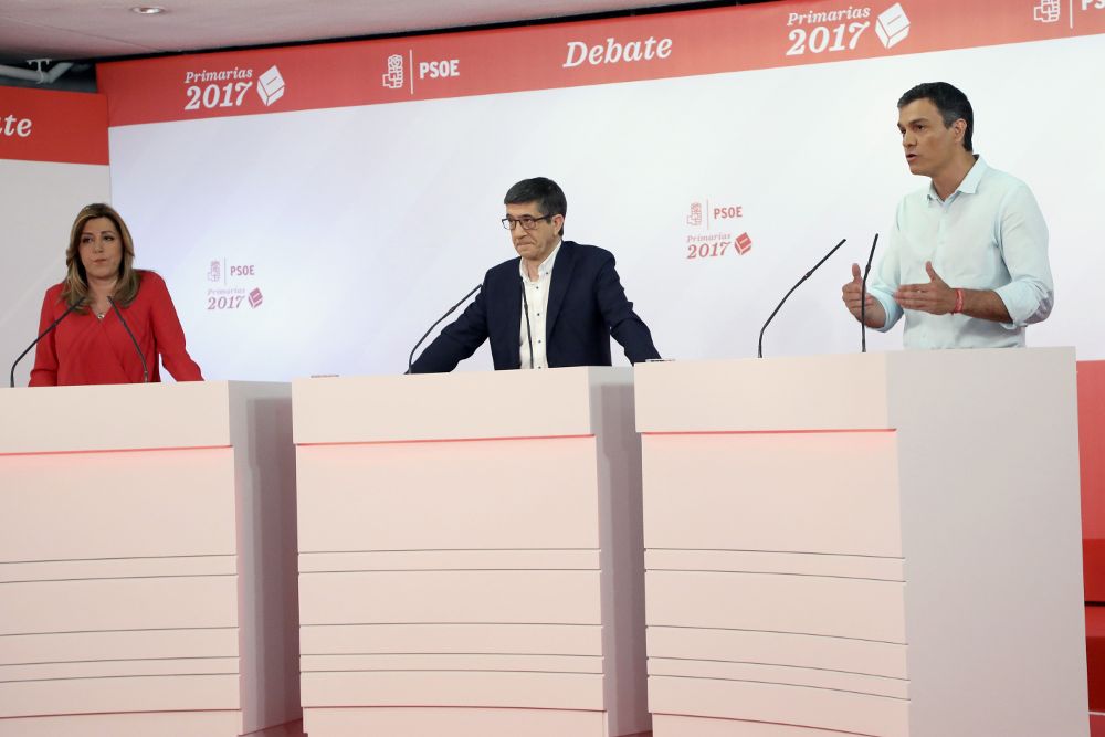 Los candidatos a la Secretaría General del PSOE en el debate electoral de hoy.
