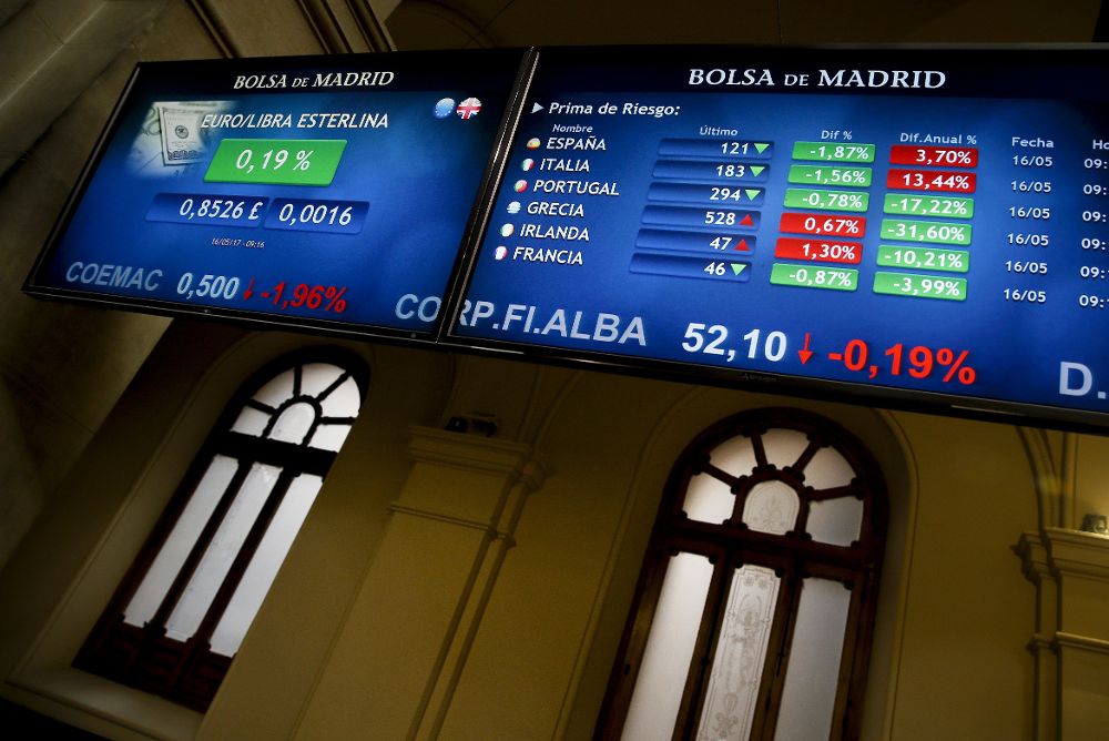 Vista de un panel de la Bolsa de Madrid que refleja la evolución de la prima de riesgo de los países europeos. 