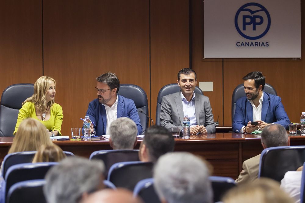 El presidente del Partido Popular en Canarias, Asier Antona (2i), acompañado por la presidenta del Partido Popular en Gran Canaria, María Australia Navarro (i); el presidente del PP en Tenerife, Manuel Domínguez (2d) y el coordinador general del PP en Canarias, Lope Afonso, en la reunión de la Ejecutiva Regional.