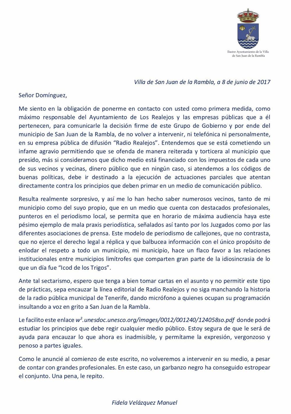 La carta dirigida por Fidela Velázquez (PSOE) a Manuel Domínguez (PP).
